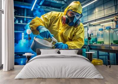 In the Underground Drug Laboratory Clandestine Chemist Wearing Protective Mask and Coverall Mixes Chemicals. He Pours Liquid From Canister into Bowl to Make New Batch of Synthetic Narcotics. Wall mural