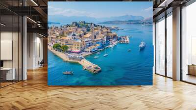 Kerkyra city, Corfu island, Greece, beautiful summer aerial drone view of Kerkyra old town center, with Ionean sea harbour port, Saint Spyridon Church, the Royal Palace and scenery beyond the city Wall mural