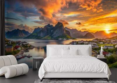 Lofoten islands sunset landscape in Norway scandinavian nature sea and mountains beautiful travel destinations evening scenic view Wall mural