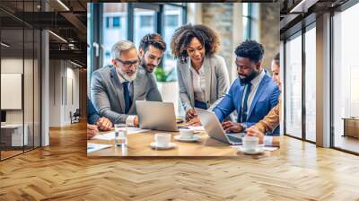 Multiethnic group of business people working together and preparing new project on a meeting in office Wall mural