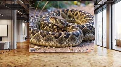 Nature's warning sign 🐍 This striking photo captures a venomous Western Diamondback Rattlesnake coiled up in the middle of a dusty hiking trail. Its distinctive rattling tail and striking patterns se Wall mural