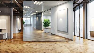 Perspective view of blank light wall with place for poster or banner in a modern office corridor interior. 3D Rendering, mockup Wall mural