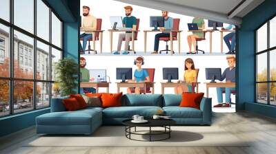 Programmers, developers and designers. IT specialists, freelancer, gamer, smm manager and web developer. People work on computer vector set. Programmer and designer developer illustration Wall mural