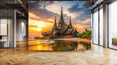 Sanctuary of Truth, Pattaya, Thailand, wooden temple by the ocean at sunset on the beach of Pattaya Wall mural