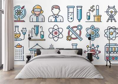 Science and research icon set. Knowledge. Biology, laboratory, experiment, scientist, research, physics, chemistry, academic subjects. Linear icon collection. Vector illustration Wall mural