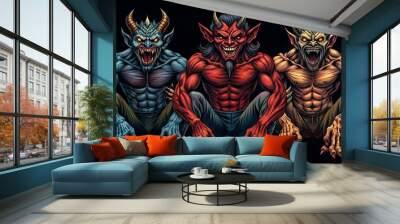 Set of demon vampires, human like monsters creatures chimera with fangs horns, and claws. Seating in aggressive position. Mystic and occult hand drawn engraved devil vector. Wall mural