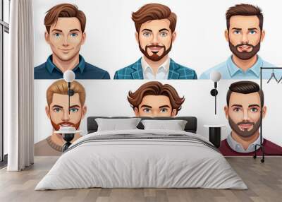 Set Of Six Male Character Avatar Icons With Different Hairstyles And Facial Features. People Portraits For User Profiles Wall mural