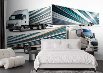 Side view vector Van, Truck trailer, Delivery Car mockup set with stripes design for branding and corporate identity company. Abstract graphics on transport with business background. Isolated on white Wall mural