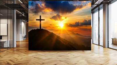 Silhouette of christian cross on mountain hill background. Copy space. Faith symbol. Church worship, salvation concept. Faith symbol in Jesus Christ. Holy cross for Easter day. Christianity Wall mural