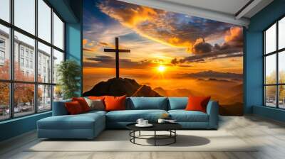 Silhouetted christian cross silhouette on the mountain at sunset Wall mural