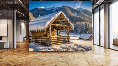 Slovenian hayrack in winter Wall mural