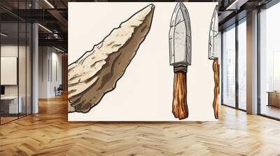 Stone age primitive knife rock tool or old stick. Ancient prehistoric caveman weapon for hunting. Prehistory archaeology hunter item. Flint and wooden neanderthal people equipment drawing design Wall mural