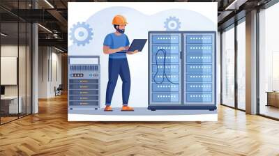 system maintenance, update program and application, technology, engineer, error, fixing a trouble, device updating, flat illustration vector Wall mural