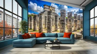 Thousand columns structure - Mayan ruins featuring carved pillars at Chichen Itza archaeological site. Wall mural