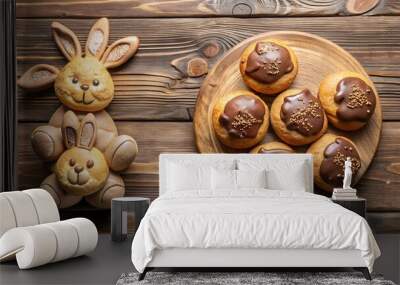 Top view of brazilian home made honey cookie chocolate covered on wooden background with stuffed rabbits and copy space - Pão de mel  Wall mural