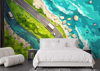 Top view of road running along sea coast. Vector cartoon illustration of trucks and autos seen from above riding coastline highway on summer day, rocky stones on green lawn, blue water washing shore Wall mural