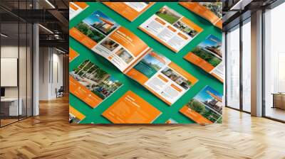 Vector empty bi-fold brochure print template design, bifold bright orange & green booklet or flyer, 12 pages Wall mural