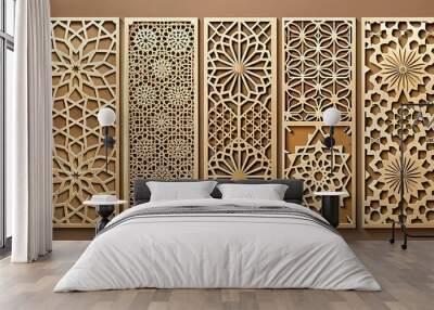 Vector laser cut templates. Modern abstract geometric panels with mesh, grid, lattice patterns, floral silhouettes. Moroccan style ornaments. Template for cnc cutting of metal, wood. Aspect ratio 1:2 Wall mural