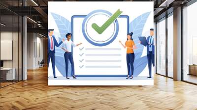 Vector quality control concept. Business people confirm and certify a quality product in accordance with ISO 9001. Stamp approval management production service. Flat illustration on white background Wall mural