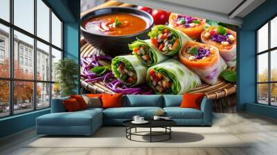 Vegetarian vietnamese spring rolls with spicy sauce, carrot, cucumber, red cabbage and rice noodle. Vegan food. Tasty meal.  Copy space Wall mural