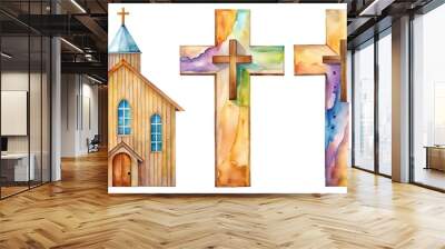 Watercolor set of wooden Christian crosses. Church cross isolated. Abstract religion symbol. Wall mural