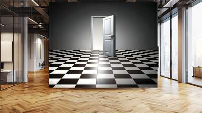 White open door with a sign on the chess floor. Vector illustration Wall mural