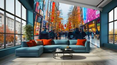 A busy shopping mall filled with consumers taking advantage of Black Friday sales, showcasing the hustle and bustle of holiday shopping with numerous stores advertising discounts and promotions Wall mural