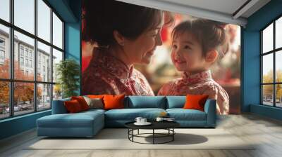 a child and an adult exchanging red envelopes, which are traditionally given during the Lunar New Year as a symbol of good luck and prosperity Wall mural