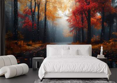 A tranquil autumn scene featuring vibrant red and yellow leaves with a misty forest backdrop. Wall mural