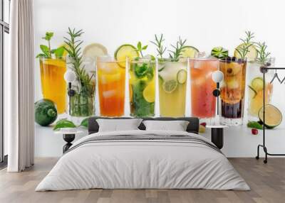 Beverage Glassware. Appetising Collection of Cold Fresh Citrous Juices on White Background Wall mural