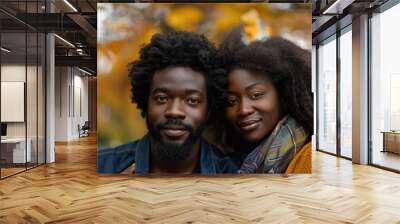 Black Wife. Couple Cuddling Happily with Autumn Background, Copy Space Available Wall mural