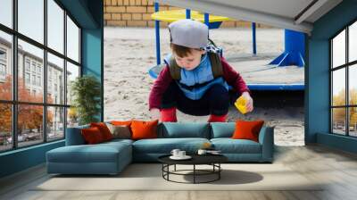 boy delves into the sand near the children's merry-go-round Wall mural