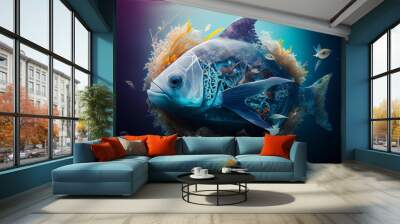 fish in polluted water, plastic and waste in the water, ai generated illustration Wall mural