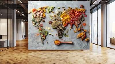 Food Art. World Map of Spice Colors, Composition and Assortment on Grey Background Wall mural