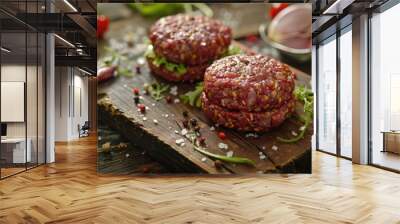 Fresh Burgers. Raw Beef Meat Chopped for Burger Patties with Spices and Natural Ingredients Wall mural