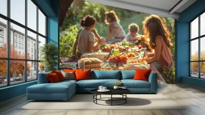 garden picnic scene with a table full of fresh fruits, vegetables, bread, and salads, surrounded by people enjoying a meal in the warm glow of the afternoon sun Wall mural