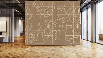 Hand drawn illustration of Bakery and Coffee. Icons. Abstract geometric line background. Gold luxury. Pattern for cover design, food package, menu, background, café wall, coffee shop, web banner Wall mural