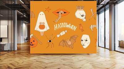 Helloween. Vector icon and element collection for Helloween greeting card and poster, party sign. Flat design cartoon element. Wall mural