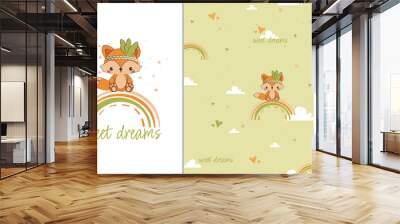 cute cartoon fox character sitting on the rainbow . Sweet dreams qoute.Cartoon doodle animal characters. Cute baby girl fox nursery vector posters set. cute cartoon fox seamless pattern on green backg Wall mural