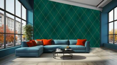 argyle vector pattern. dark green with thin slim golden dotted line. seamless vivid geometric backgr Wall mural