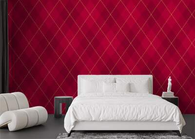 argyle vector pattern. dark red with thin golden dotted line. seamless geometric background textile, Wall mural