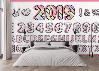 Black polka dots alphabet letters set. Vector retro vintage typography. Font collection for title or headline modern kids design. Girl doll style. Cute and sweet numbers. Princess doodle crown.  Wall mural