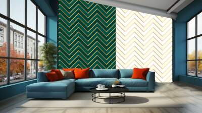 Chevron zig zag emerald (dark green) seamless pattern with golden lines. Cute ivory background in light halftone. Herringbone vector backdrop. Gold festive stripes. Sharp and jagged waves. Luxury VIP Wall mural