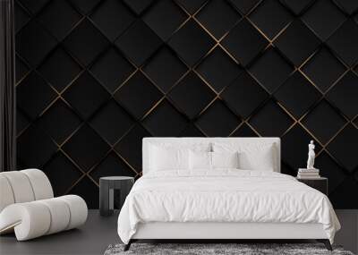 Luxury abstract black metal background with golden light lines. Dark 3d geometric texture illustration. Bright grid pattern. Pure black horizontal banner wallpaper. Elegant BG. Square diamond tiles Wall mural