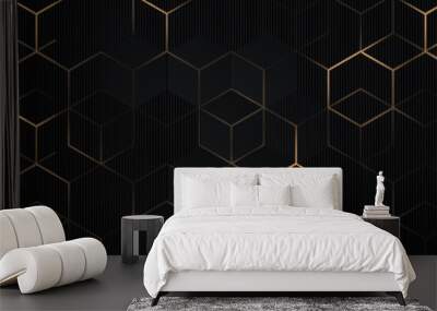 Luxury hexagonal abstract black metal background with golden light lines. Dark 3d geometric texture illustration. Bright grid pattern. Pure black horizontal banner wallpaper. Carbon elegant wedding BG Wall mural