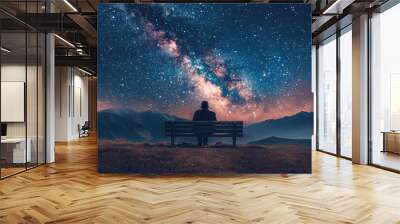 Milky Way Sky. Man Contemplating the Freedom Under Starry Night Sky on Bench Wall mural