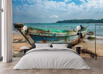 Old Boat on Gokarna Beach: Fishing Nets, Coastal Asia Sky, Tropical Day Wall mural