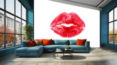 Red lipstick mark beautiful big lips kiss isolated on a white background Wall mural