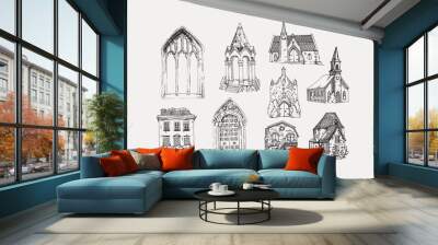 Set of hand drawn buildings, churches. Vector illustration in doodle sketch style. Wall mural