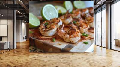 Shrimp Cooked. Cajun Seasoning and Lime Spice on Maple Plank Wall mural